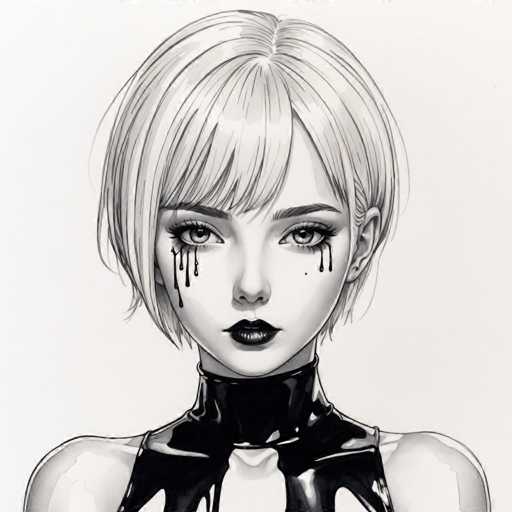 The image depicts a black and white illustration of a woman with short blonde hair wearing a tight-fitting dress that shows off her collarbone. The woman's face is drawn with dramatic makeup, including dark eye shadow and heavy eyeliner, giving the impression of a theatrical or avant-garde style.