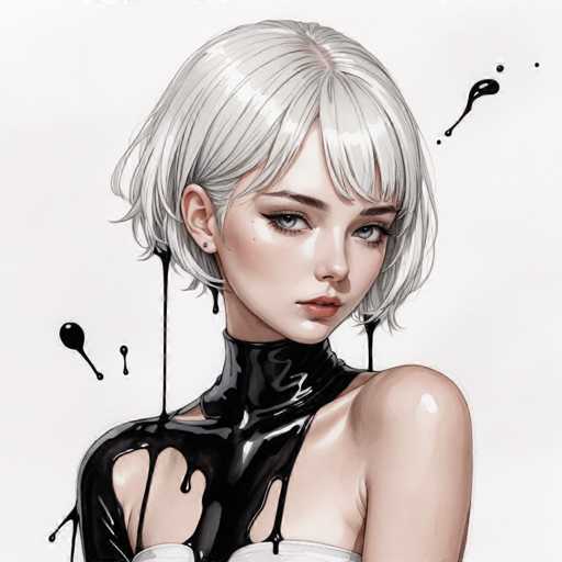 The image depicts a young woman with blonde hair and blue eyes wearing a black dress that is dripping with black paint. The background is white, which contrasts with the dark elements of her attire.