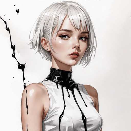The image depicts a young woman with blonde hair wearing a white tank top and black choker necklace. The woman is looking directly at the camera, her gaze steady and focused. The background of the image is white, which contrasts with the woman's dark hair and adds depth to the scene. There are no texts or other objects in the image, and the woman appears to be the sole subject of the artwork.