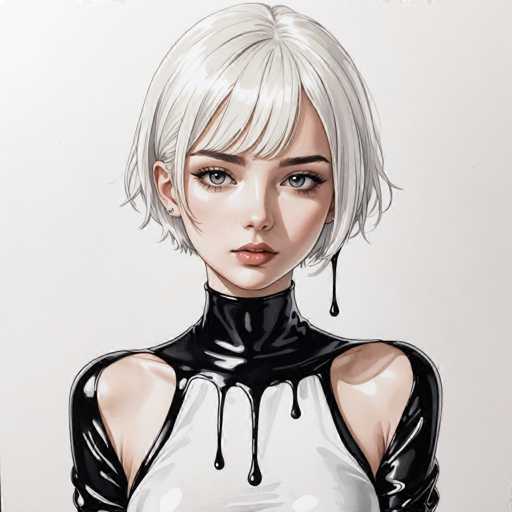 The image depicts a young woman with blonde hair and blue eyes wearing a black and white outfit that includes a top hat and a necklace of liquid. The woman is looking directly at the camera with an expression of concentration or contemplation.