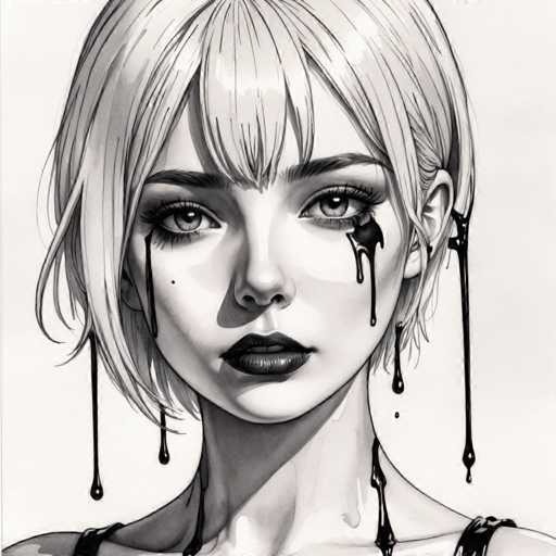 The image is a black and white line drawing depicting a young woman with tear stains on her cheeks. The woman's face is the central focus of the artwork, which is rendered in a realistic style. The artist has used shading techniques to create depth and dimension, adding a sense of realism to the portrait.