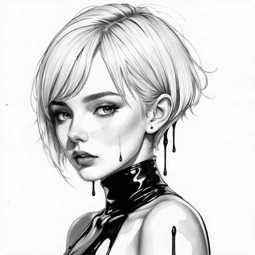 The image is a black and white portrait of a woman with blonde hair styled in an updo. The woman's face features a tear rolling down her cheek, adding a sense of emotion to the scene. She is wearing a tight-fitting dress that accentuates her figure, and there are small droplets of water on her dress, possibly from sweat or tears.