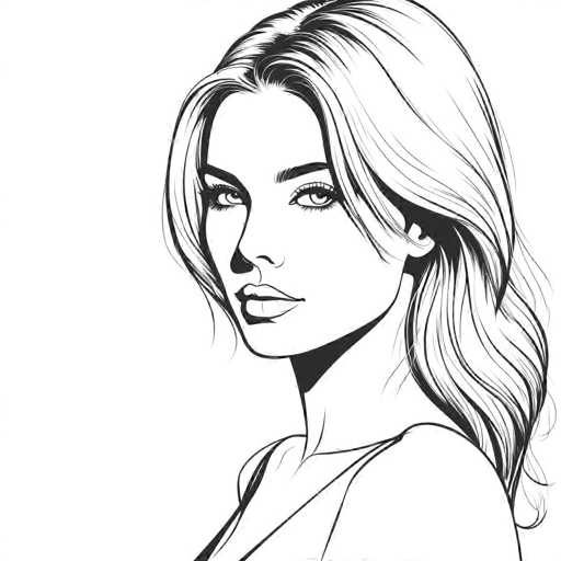 The image is a black and white line drawing that depicts a woman with long blonde hair wearing a white top. The woman's face is the main focus of the drawing, which is rendered in a realistic style. The artist has used shading techniques to create depth and dimension, making the woman appear three-dimensional against a stark white background.

The image does not contain any text or other objects, focusing solely on the woman and her surroundings.