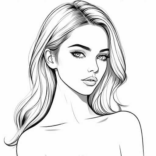 A black and white line drawing depicting a woman with blonde hair styled in loose waves. The woman is looking directly at the viewer, creating an engaging portrait.