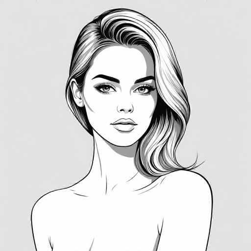 A black and white line drawing depicting a woman with blonde hair styled in loose waves. The woman is looking directly at the viewer, creating an engaging portrait-like quality.