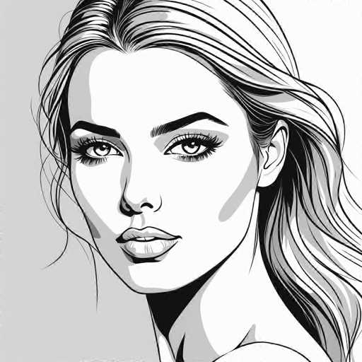 The image is a black and white line drawing that depicts a woman with long hair and dark eyes looking directly at the viewer. The style of the drawing is realistic, focusing on capturing the subject's facial features and expression in detail.