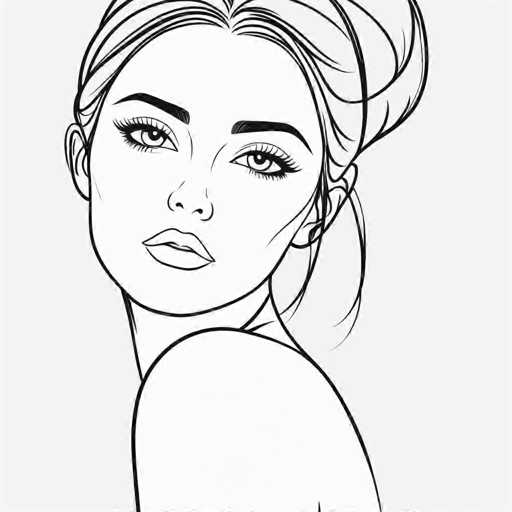 The image depicts a black and white line drawing of a woman's face with her hair styled in an updo. The woman is looking directly at the viewer, giving off a sense of confidence and poise.