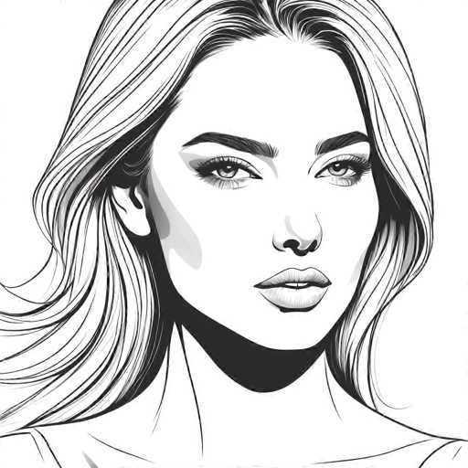 The image is a black and white line drawing depicting a woman with long blonde hair and striking blue eyes. The woman's face is the central focus of the illustration, which is rendered in a realistic style. The artist has used shading techniques to create depth and dimension, giving the drawing a three-dimensional appearance despite being a flat image.

The woman appears to be looking directly at the viewer, creating an engaging visual connection between the subject and the observer. The use of black and white color scheme adds a timeless quality to the illustration, making it a classic representation of the female form in art.
