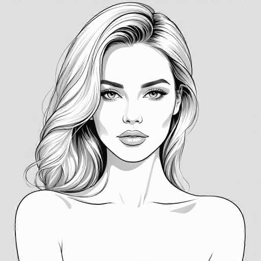The image is a black and white line drawing depicting a woman with blonde hair styled in loose waves. The woman's face is the main focus of the illustration, which is rendered in a sketch-like style. The artist has used shading techniques to create depth and dimension, giving the drawing a three-dimensional appearance despite being a flat image.