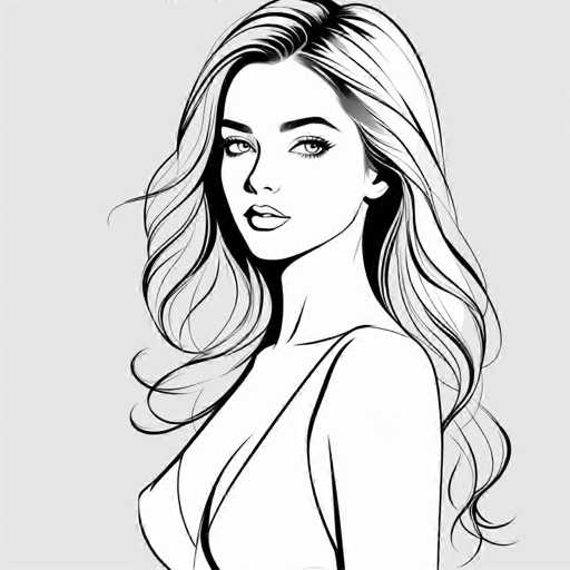 The image is a black and white line drawing depicting a woman with long blonde hair wearing a sleeveless top. The woman's face is the focal point of the image, and she appears to be looking directly at the viewer.