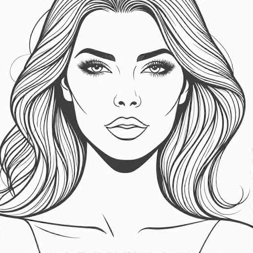 The image is a black and white line drawing depicting a woman with long hair wearing a tank top. The woman's face is the main focus of the image, which is a detailed portrait that captures her features and expression.