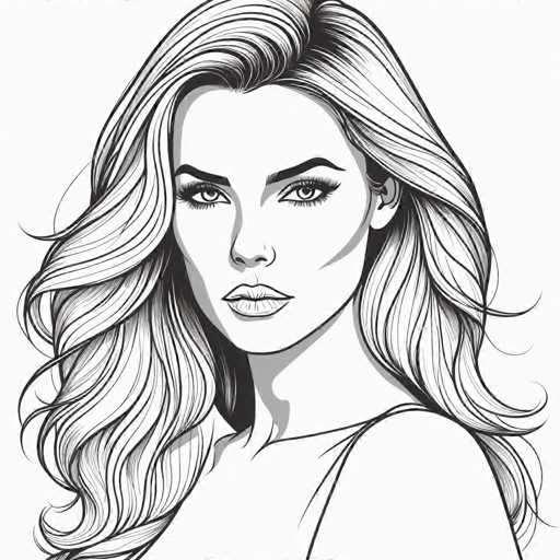 The image is a black and white line drawing depicting a woman with long blonde hair wearing a tank top. The woman's face is the main focus of the illustration, which is rendered in a sketch-like style using shading techniques to create depth and dimension.