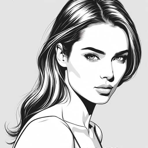 The image is a black and white line drawing depicting a woman with long hair wearing a dress. The woman's face is the main focus of the illustration, which is rendered in a realistic style.