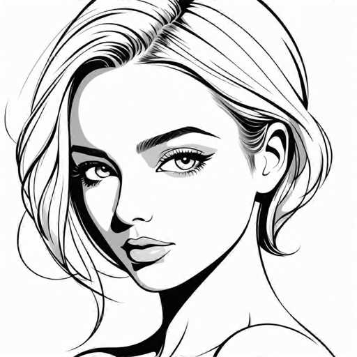 The image is a black and white line drawing depicting a woman with blonde hair and blue eyes looking directly at the viewer. The woman's face is the main focus of the illustration, which is rendered in a realistic style.