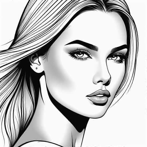 The image is a black and white line drawing depicting a woman's face with long blonde hair. The woman has her eyes closed and mouth slightly open, giving the impression of a serene or contemplative expression.