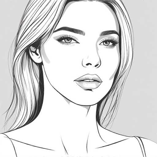 The image is a black and white line drawing depicting a woman with long blonde hair wearing a white top. The woman's face is the main focus of the illustration, which shows her eyes looking directly at the viewer.