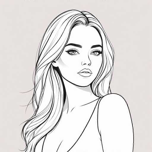 The image is a black and white line drawing depicting a woman with long blonde hair wearing a sleeveless top. The woman's face is the main focus of the illustration, which is rendered in a sketch-like style.