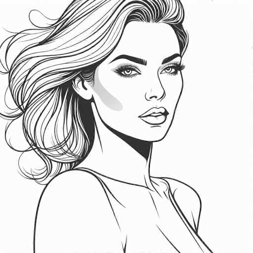 The image is a black and white line drawing depicting a woman with long hair wearing a sleeveless top. The woman's face is the main focus of the illustration, which is rendered in a realistic style.