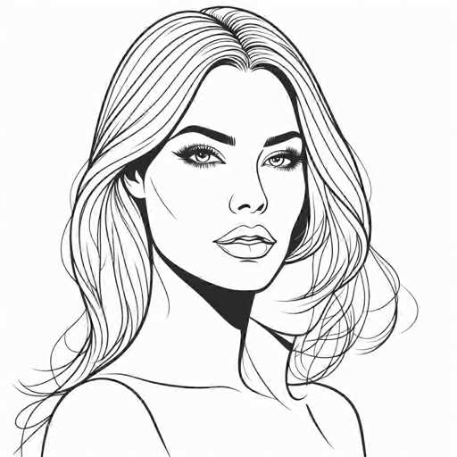 The image is a black and white line drawing depicting a woman with long hair wearing a tank top. The woman's face is the main focus of the illustration, which is rendered in a realistic style.