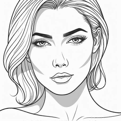 The image is a black and white line drawing depicting a woman's face with her eyes closed and mouth slightly open. The woman has long hair that falls over her shoulders, adding to the overall composition of the portrait.