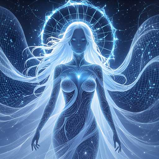 The image depicts a woman with long white hair and blue eyes standing in the center of a starry night sky. The woman is wearing a dress that appears to be made of circuits or wires, giving her an ethereal appearance. The background features a network of stars and a crescent moon, creating a sense of depth and vastness.