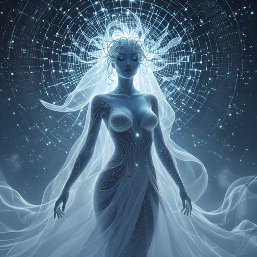 The image depicts a woman with long hair and a white dress adorned with blue stars. She is standing against a backdrop of a starry night sky, which is illuminated by blue lights that create a mesmerizing effect. The woman's position in the center of the image draws attention to her as the focal point.