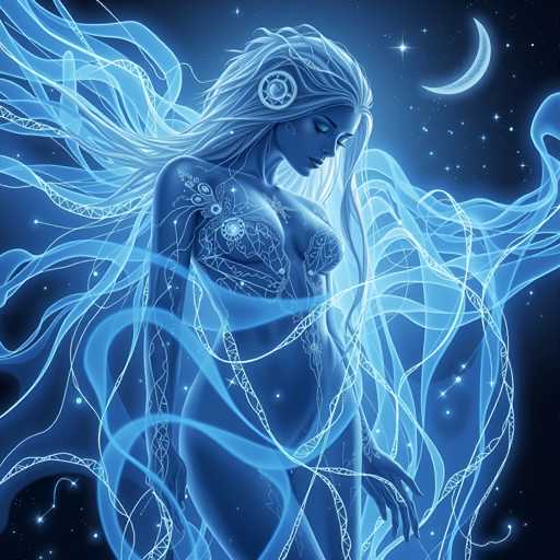 The image depicts a woman with long blonde hair and blue eyes standing against the backdrop of a starry night sky. The woman is adorned with intricate designs on her body, adding to the ethereal atmosphere of the scene. The background features a crescent moon and stars, further enhancing the celestial theme of the artwork.