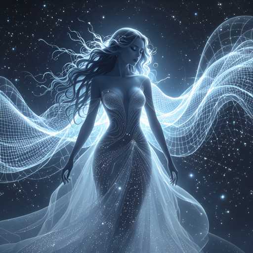 The image depicts a woman with long hair and a flowing dress standing against the backdrop of a starry night sky. The woman is positioned centrally within the frame, her gaze directed towards the right side of the image. Her dress is white, adorned with blue stars that add to the celestial ambiance of the scene. The background features a dark blue color, punctuated by numerous white stars scattered throughout, creating an ethereal and dreamlike atmosphere.