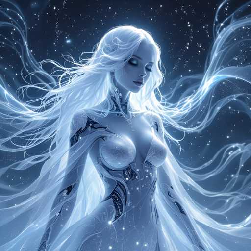 The image depicts a woman with long white hair and blue eyes standing against the backdrop of a starry night sky. The woman is wearing a silver bodysuit adorned with intricate designs that shimmer under the light. Her gaze is directed downwards, as if she's lost in thought or contemplating something unseen by the viewer.