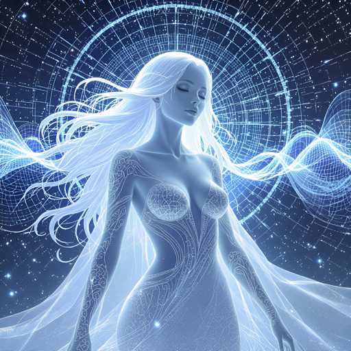 A woman with long white hair is depicted wearing a dress that has intricate designs and patterns on it. The background of the image features a starry night sky filled with blue and purple lines, creating an ethereal atmosphere.