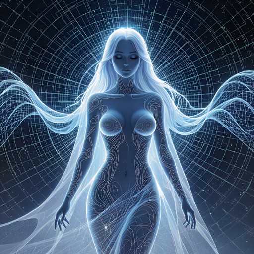 The image depicts a woman with long blonde hair and blue eyes standing in the center of a black background. The woman is wearing a white dress that contrasts with her dark hair. She has her arms outstretched to the sides, as if she's embracing or celebrating something. The overall style of the image can be described as surrealistic, with elements of fantasy and dreamlike imagery.