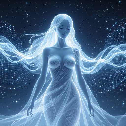 A woman with long blonde hair is depicted as a goddess or fairy standing against the backdrop of a starry night sky. The woman's arms are outstretched towards the stars, and her dress is white with blue lines running down the sides.
