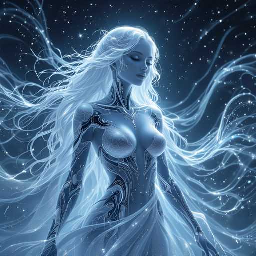 The image depicts a woman with long blonde hair and blue eyes standing in the center of the frame against a dark blue background speckled with white stars. The woman is wearing a dress that features intricate designs and patterns, adding to her ethereal appearance.