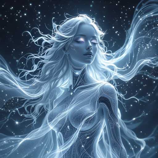The image depicts a woman with long blonde hair and blue eyes gazing upwards towards the sky. The background is dark blue, filled with white stars that create an ethereal atmosphere around her.