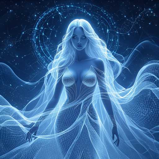 The image depicts a woman with long blonde hair and blue eyes standing against the backdrop of a starry night sky. She is wearing a white dress that flows around her as she gazes upwards at the stars. The background features a dark blue color, which contrasts with the woman's light-colored attire and adds depth to the scene.