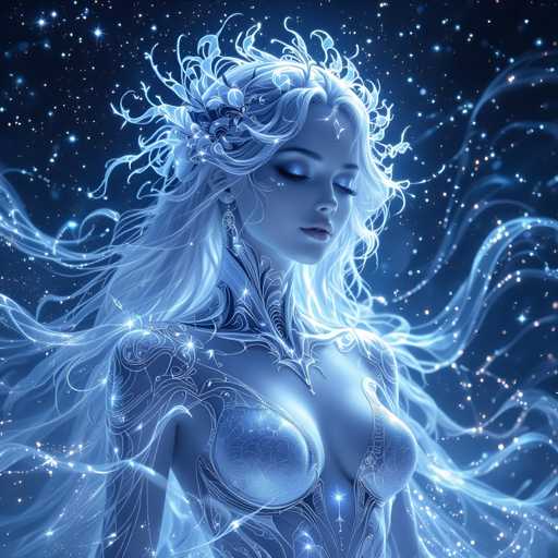 The image depicts a woman with long blonde hair and blue eyes wearing a silver bodysuit adorned with stars and other celestial elements. The background is dark blue, filled with white stars that create an ethereal atmosphere around the woman's figure.