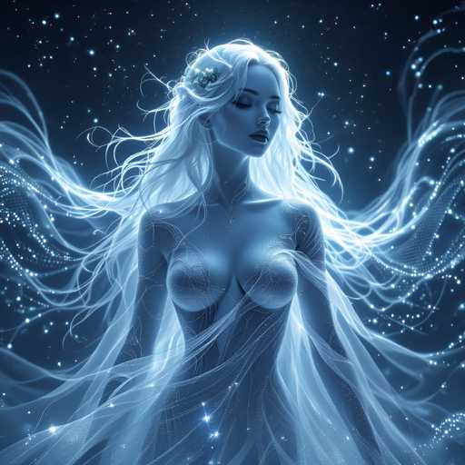 A woman with long blonde hair is depicted wearing a white dress and holding a flower in her left hand against the backdrop of a starry night sky. The image has a dreamy quality to it, with the stars appearing as wispy clouds floating around the woman's head.
