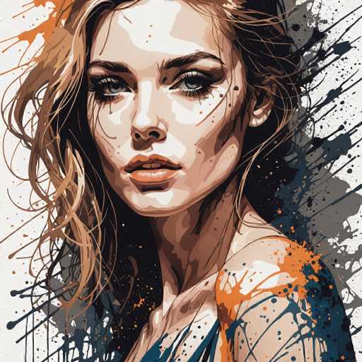 The image depicts a woman with long blonde hair and striking blue eyes wearing an orange top against a white background speckled with black splotches. The artist's signature is not visible in the image.
