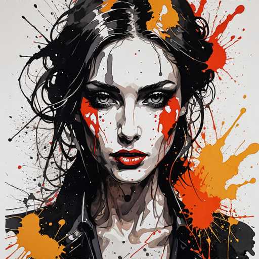 The image depicts an illustration of a woman with black hair and red makeup on her face. The background is white, which contrasts with the vibrant colors used for the woman's features. The artist has employed a watercolor style, evident from the splatter effect that adds texture to the painting.