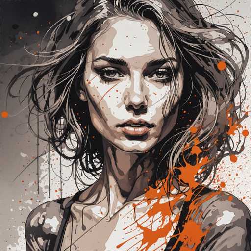 The image depicts an illustration of a woman with long hair and dark skin tones rendered in black and white. The artist has used splatter painting techniques to create the effect of orange paint on her face, adding a sense of depth and texture to the portrait.
