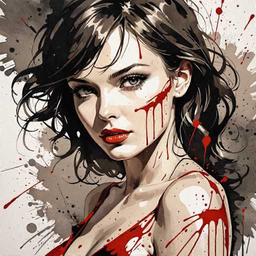 The image depicts a woman with long dark hair and red lipstick, wearing a black dress that is splattered with red paint. The background features a white canvas with black splatters, creating an abstract art style.