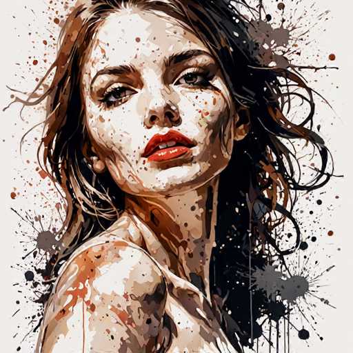 The image depicts an abstract portrait of a woman with long brown hair and red lipstick. The painting is done in a watercolor style, giving it a dreamy and ethereal quality. The background features splatters of paint, adding to the overall impression of a creative and artistic process.