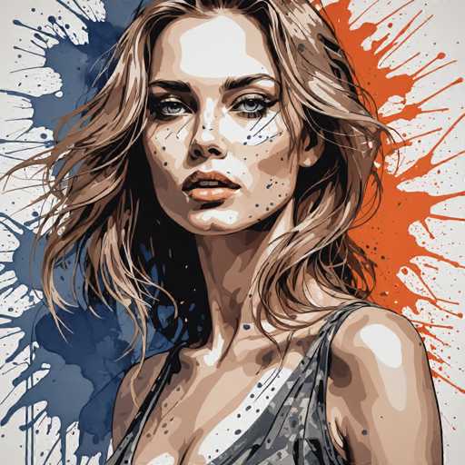 The image depicts a woman with blonde hair and blue eyes wearing a black tank top against an abstract background of orange and white splatters.