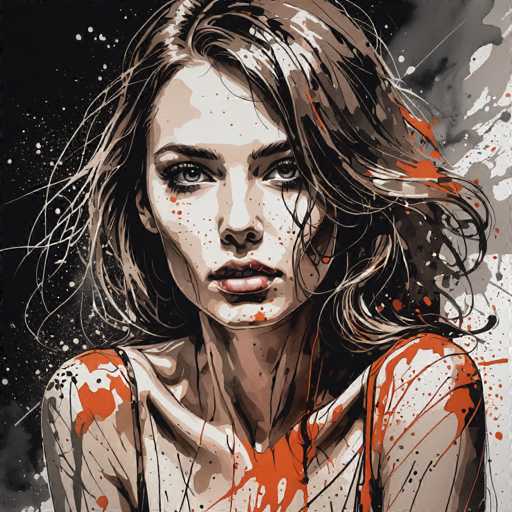 The image depicts an illustration of a woman with long brown hair and red lips. The artist has used a watercolor style for the painting, which is evident from the splatters of paint on her face that give it a textured appearance. The background features black and white splatters, adding depth to the overall composition.