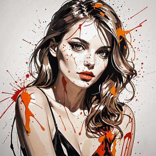 The image depicts a woman with long brown hair wearing a black dress and splattered with red paint on her face and shoulders. The background is white, providing a stark contrast that makes the woman stand out.