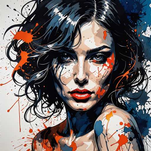 The image depicts an abstract portrait of a woman with dark hair and red lipstick. The painting is done in a realistic style, capturing the intricate details of the subject's face and features. The background is filled with splatters of orange and blue paint, adding depth and texture to the piece.