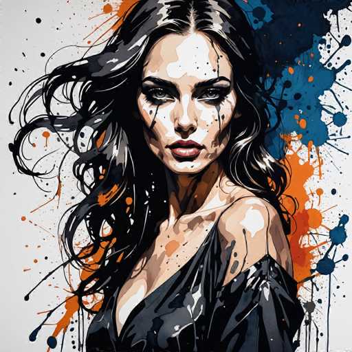 The image depicts a woman with long dark hair wearing a black dress and has makeup on her face. The background is white with splatters of orange and blue paint, creating an abstract art style.