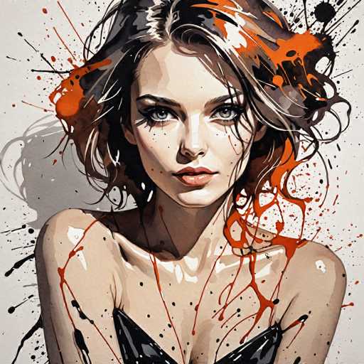 The image depicts an artist's interpretation of a woman with long brown hair and dark skin tones. The painting is done in an impressionistic style, characterized by loose brushstrokes that create a sense of movement and energy. The colors used are predominantly orange and black, which adds to the dramatic effect of the piece. The background features splatters of paint, further enhancing the overall visual impact of the artwork.