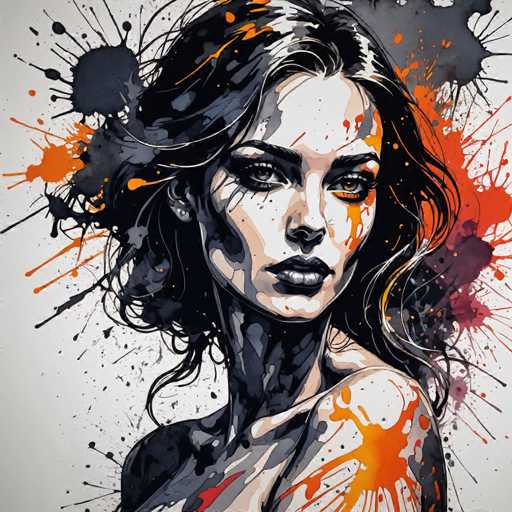 The image depicts an abstract portrait of a woman with black hair and orange splatters on her face. The background is white, providing contrast to the vibrant colors of the woman's features. The style of the artwork can be described as impressionistic or expressionistic, characterized by loose brushstrokes and a focus on capturing the essence of the subject rather than precise details.