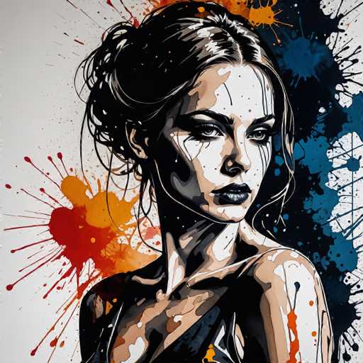 The image depicts an abstract portrait of a woman with dark hair and makeup. The background is splattered with red, orange, blue, and white paint, creating a vibrant and dynamic atmosphere. The artist's signature "sa_1234" can be seen in the bottom right corner.